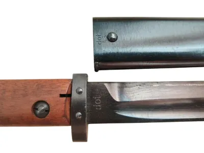 Bayonet vz.24 DOT 43 – detail of DOT 43 marking on sheath and bayonet crossguard